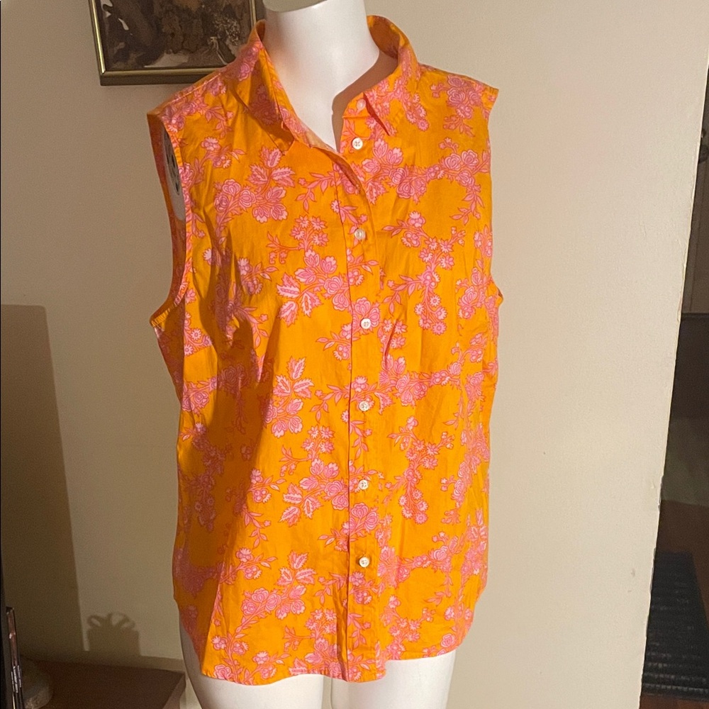 J. Crew Factory Floral Sleeveless Button-Up Top - Orange and Pink